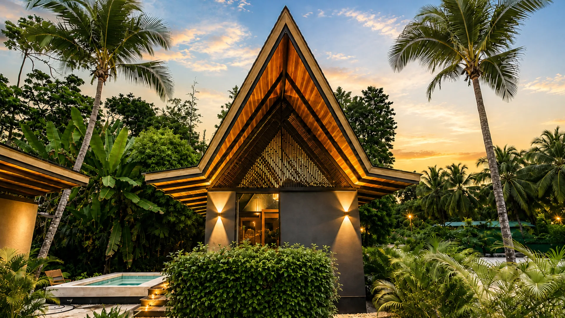 Private-pool bungalow exterior at sunset