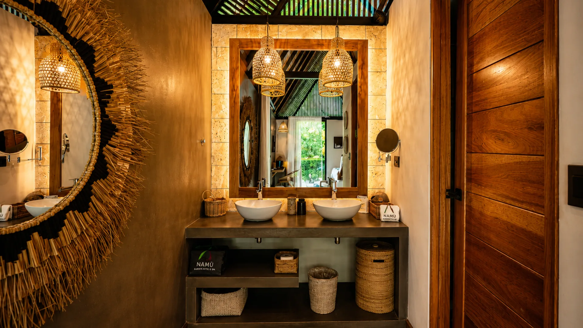 Bungalow bathroom with twin sinks and timber finishes