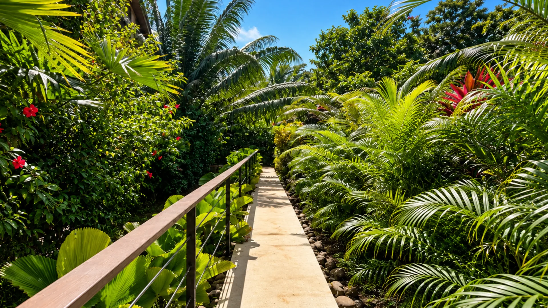 Sendero entre la vegetación tropical y las flores del jardín de Namú