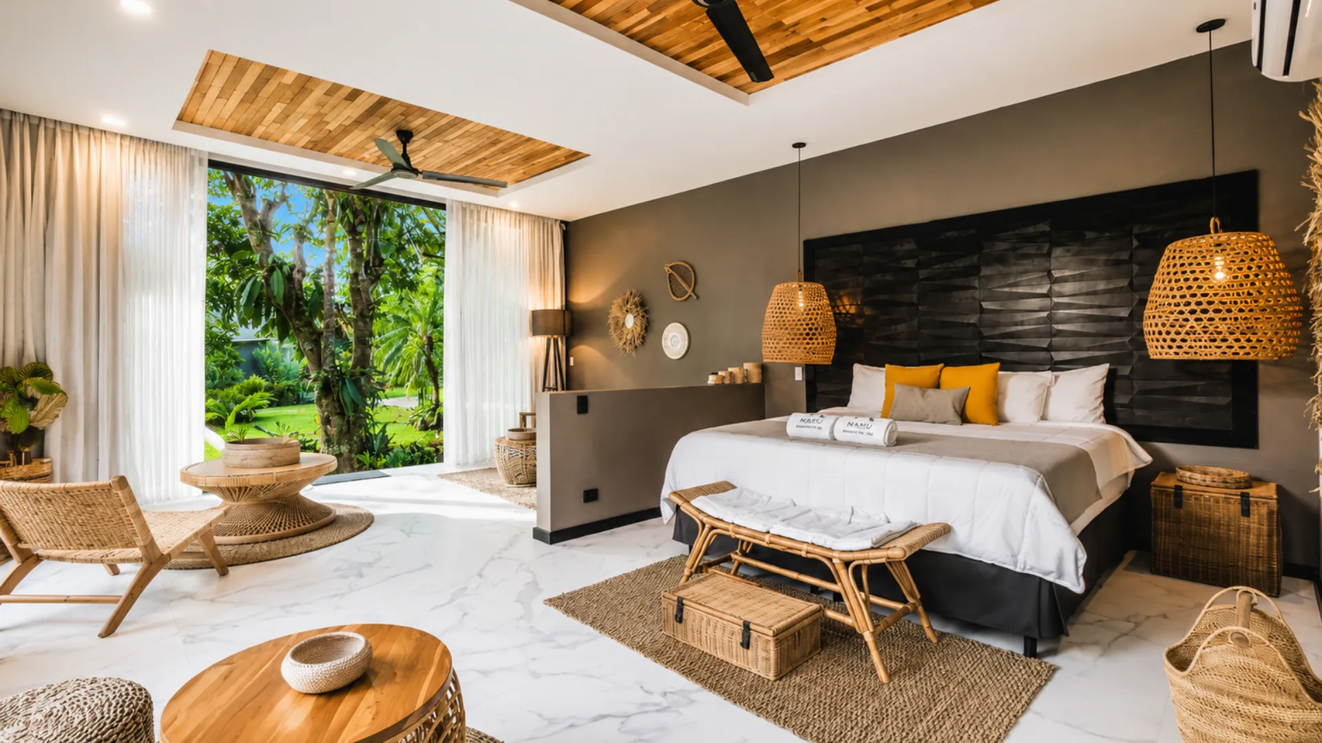 Luxury Suite bedroom with a large bed, natural fibres and garden view