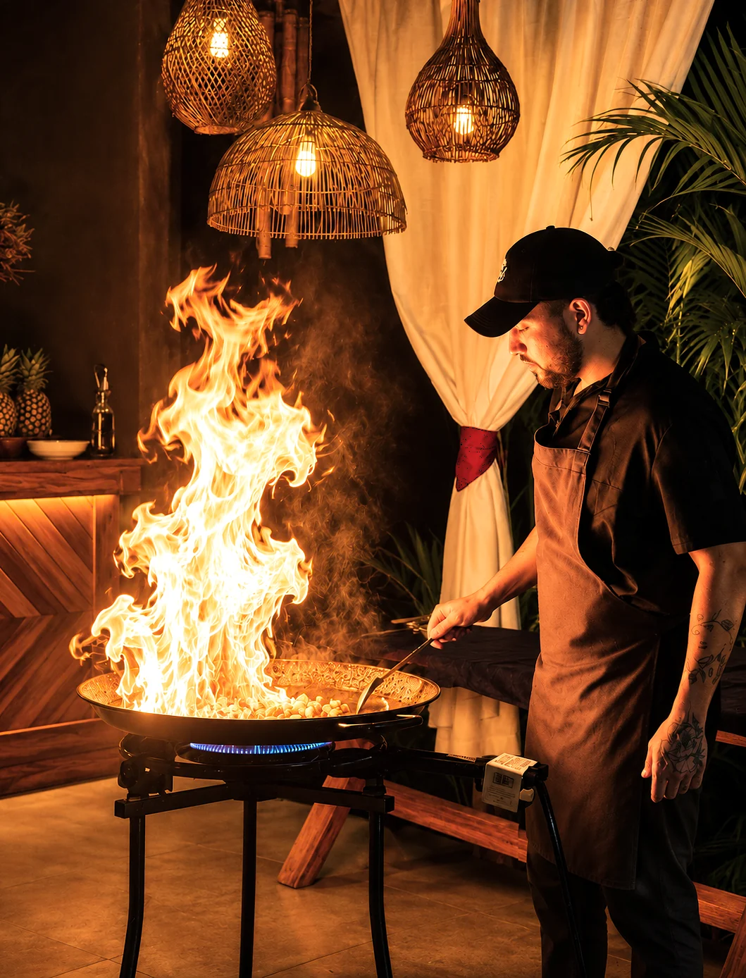 Chef de NUM cocinando al fuego